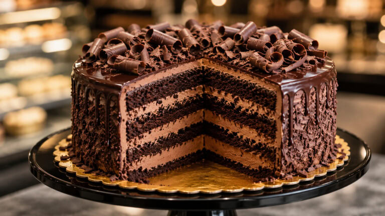Homemade Costco Tuxedo Cake featuring rich chocolate layers, creamy mousse filling, and smooth ganache.