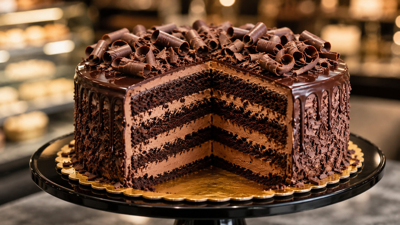 Homemade Costco Tuxedo Cake featuring rich chocolate layers, creamy mousse filling, and smooth ganache.