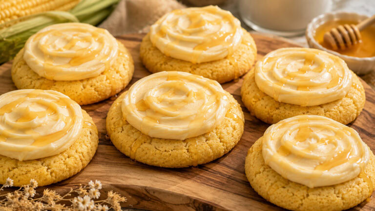 Crumbl Cornbread Cookie Recipe topped with honey butter frosting