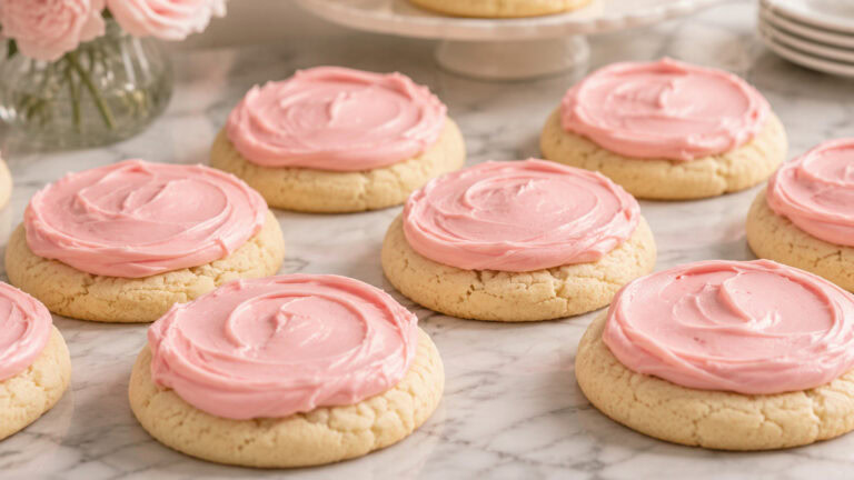 Crumbl Pink Sugar Cookie Recipe with creamy pink almond frosting